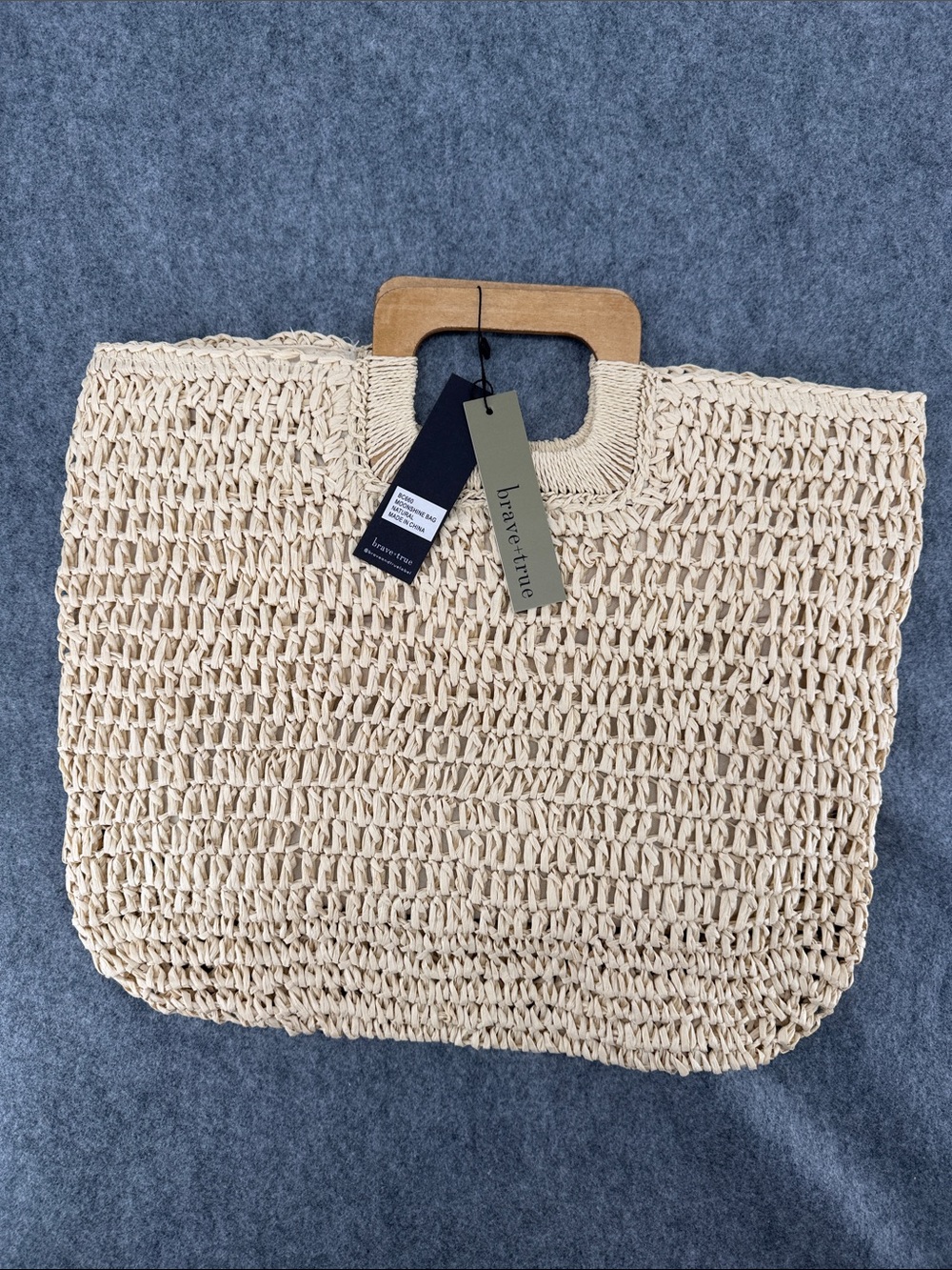 Brave+True Moonshine Bag natural paper wooden handle lined purse NWT
